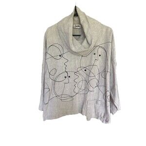 Odile Cowel Neck Shirt Women M 100% Linen Tan Wearable Artistic Hand Painted